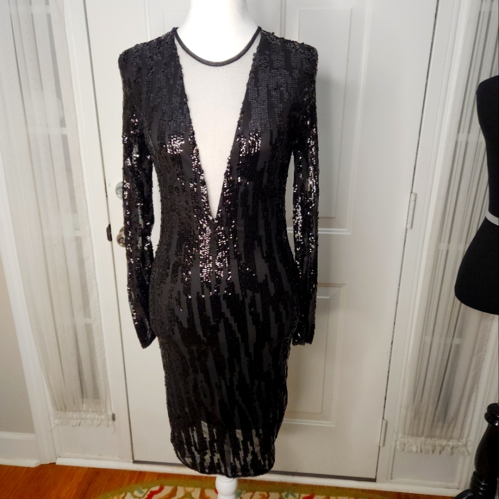 The Clothing Company Black Sequin Deep V with Mesh Dress‎  Size Small